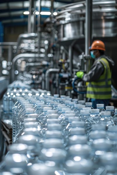 Worker sealing containers filled with spring water, conveyor belt in motion, bottles labeled for distribution.